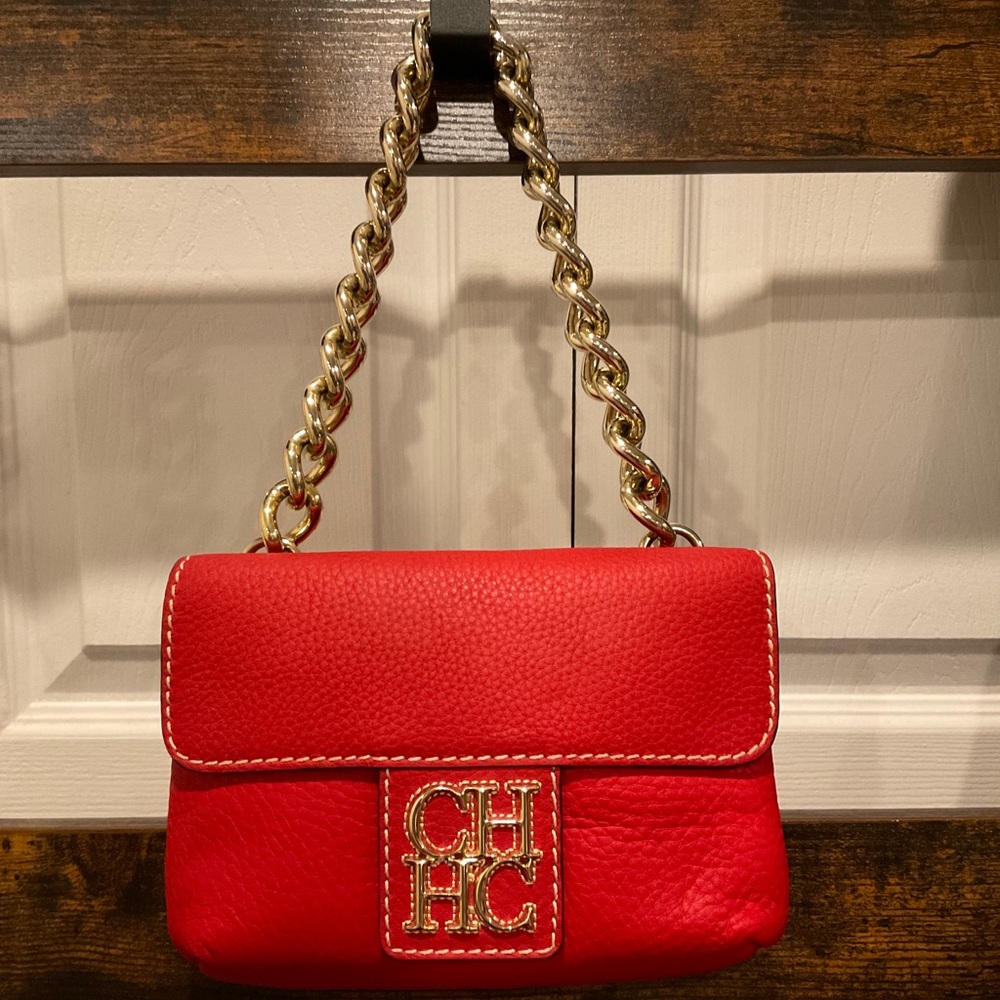 CAROLINA HERRERA ONASSIS COLLECTION RED DOUBLE FLAP MINI BAG GOLD CHAIN STRAP